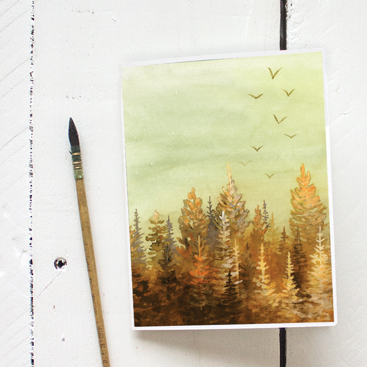 Autumn Sunset Watercolor Painting - Greeting Card Printable