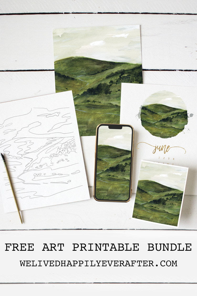 Rolling Hilly Pastures of Summer Watercolor Painting - Free Printable Bundle
