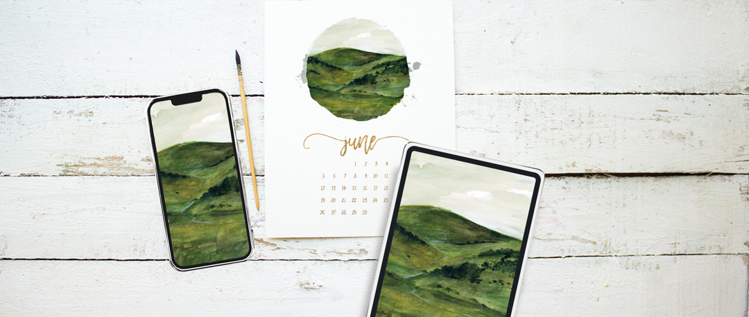 Rolling Hilly Pastures of Summer Watercolor Painting - Free Printable Calendar