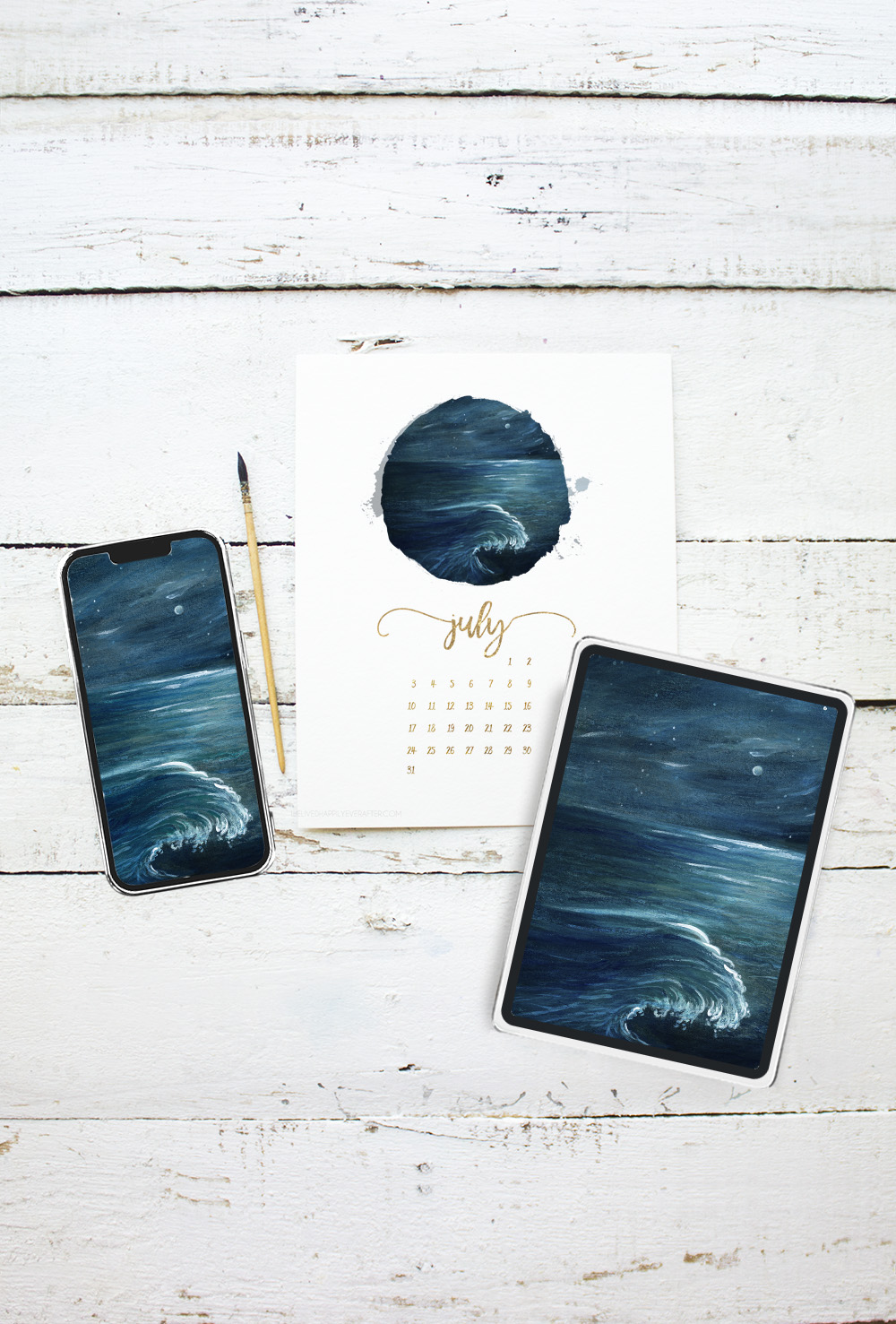 Midnight Ocean Watercolor Painting - Free Printable Calendar