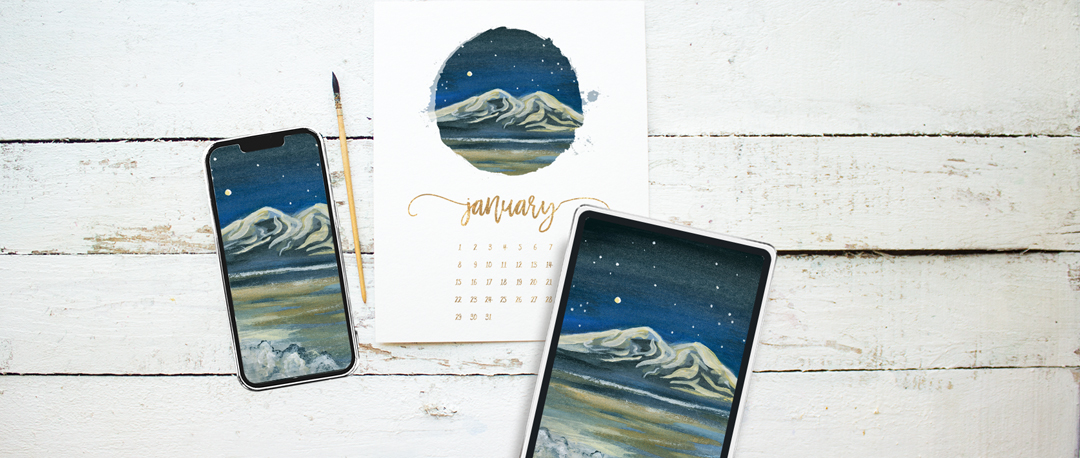 Frozen Mountain Views Watercolor Painting - Free Printable Calendar