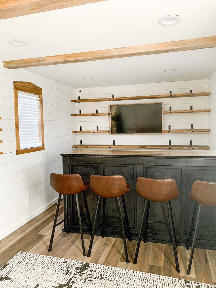Floating Shelves and Framed in TV - Come Tour Our DIY 10x20 Shed Sports Bar Space
